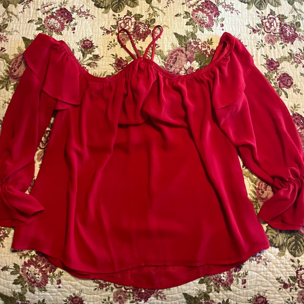 New York & Company Red Ruffled Blouse with Bishop Sleeves